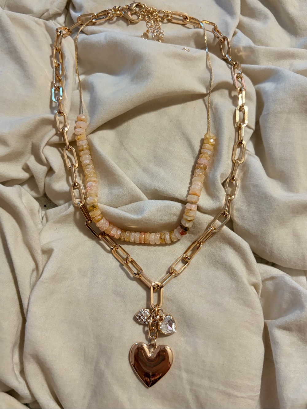 Free People Multi-Strand Opal Beaded and Heart Charm Layered Necklace